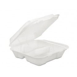 GEN Foam Hinged Carryout Container 3-Comp White 9.25 X 9.25 X 3
