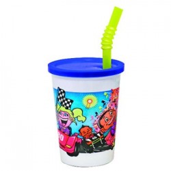 Plastic Kids Cups with Lids and Straws 12 oz. Race Car Design