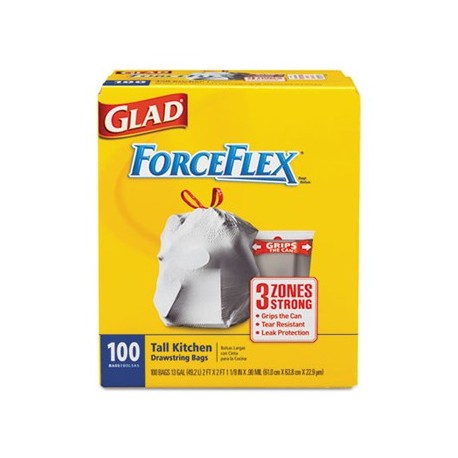 GLAD DRAWSTRING FORCEFLEX TALL KITCHEN BAGS 13 GAL .95MIL 24X24 WHITE