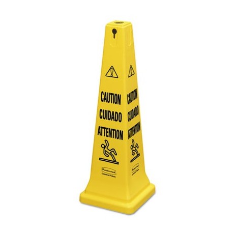 Rubbermaid Commercial Multilingual Safety Cone CAUTION 12 1|4w x 12 1|4d x 36h Yellow