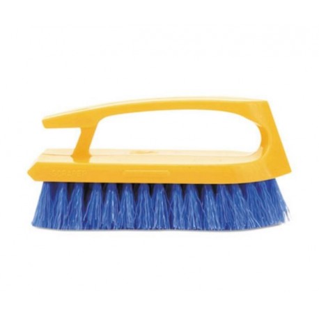 Rubbermaid Commercial Iron Shaped Long Handle Scrub Brush 6 Brush Yellow Plastic Handle Blue Bristles