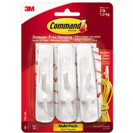 Command General Purpose Hooks Medium 3lb Cap White 6 Hooks & 12 Strips