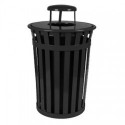 Oakley Slatted Metal Receptacle 50 Gallons BLACK with dome top lid & plastic liner 27.5 X 36 high