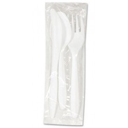 Boardwalk Three-Piece Wrapped Cutlery Kit: Fork Knife Spoon White