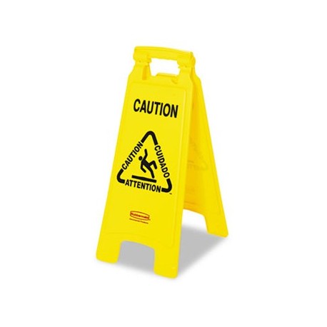 Rubbermaid Commercial Multilingual Caution Floor Sign Plastic 11 x 1 1/2 x 26 Bright Yellow